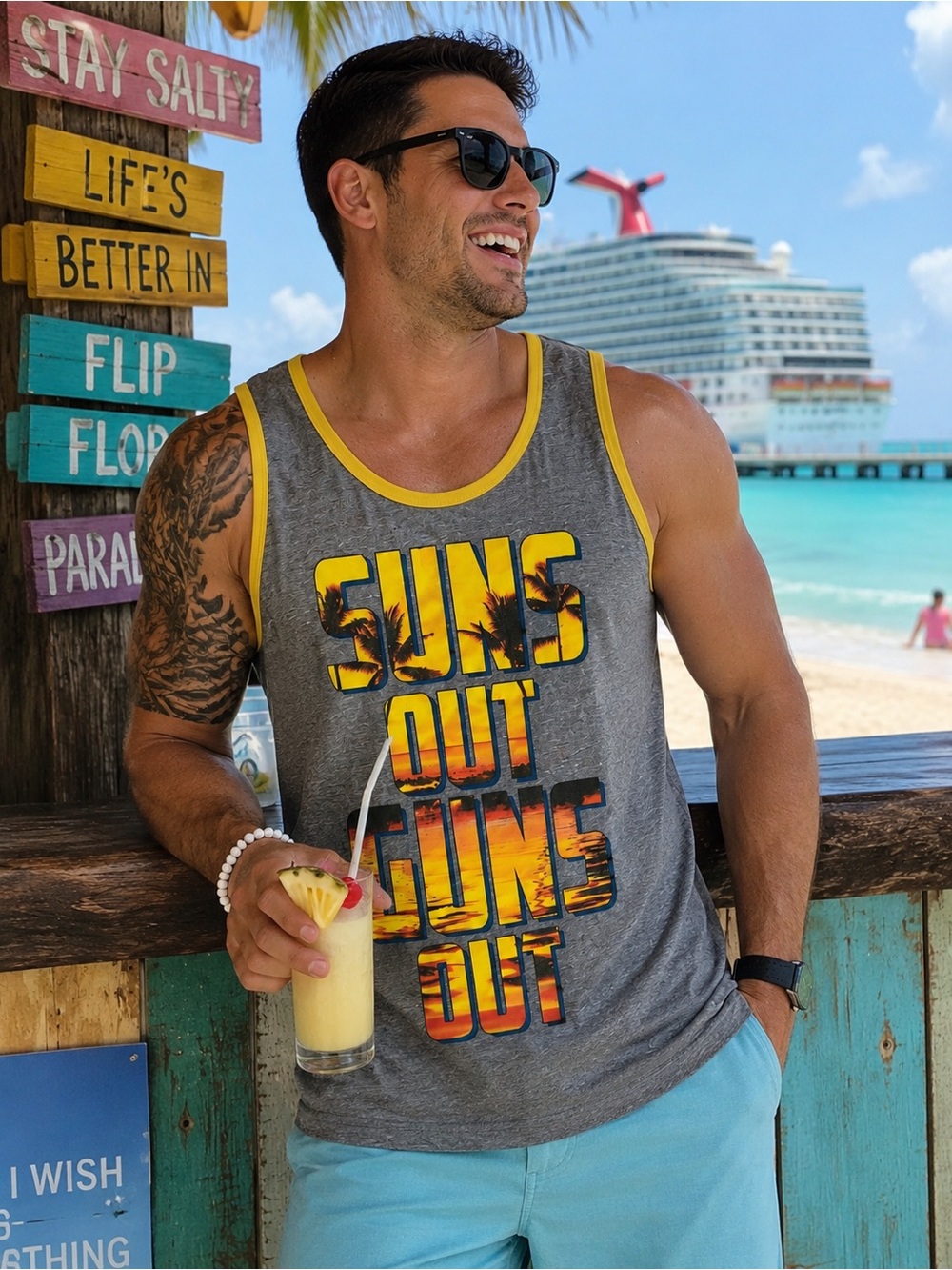 Fifth Sun Tropical Graphic Ringer Tank Top | Fits Like Men’s Large | Beach Vibes